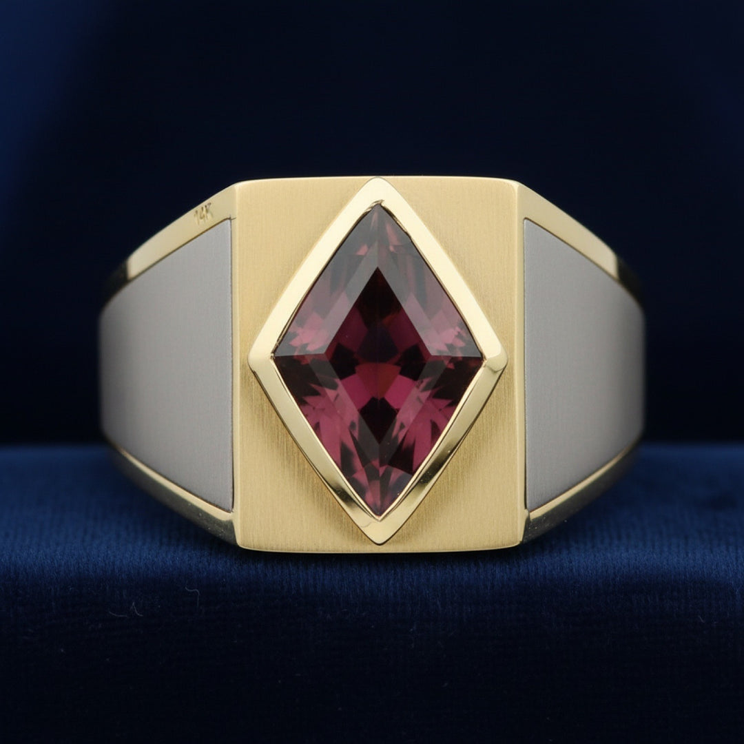 anillo de hombre de oro 14k con granate spessartita naranja medio natural 9.38ct corte kite (rombo) de Nigeria, joyería mexic