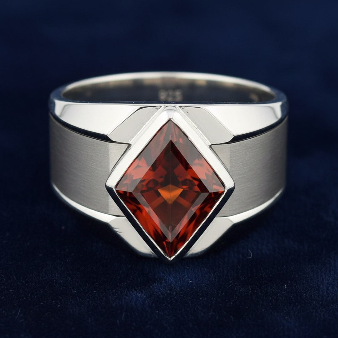anillo de hombre de plata 925 con granate spessartita naranja medio natural 9.38ct corte kite (rombo) de Nigeria, joyería mex
