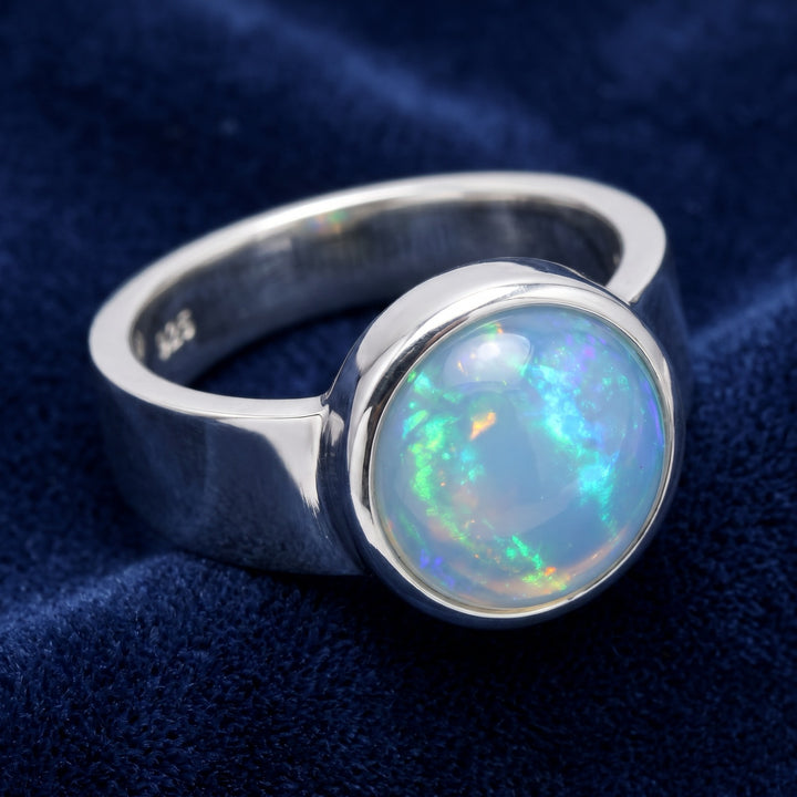 anillo de hombre de plata 925 con ópalo blanco natural 1.66ct corte cabujón redondo, joyería mexicana Gold Shield