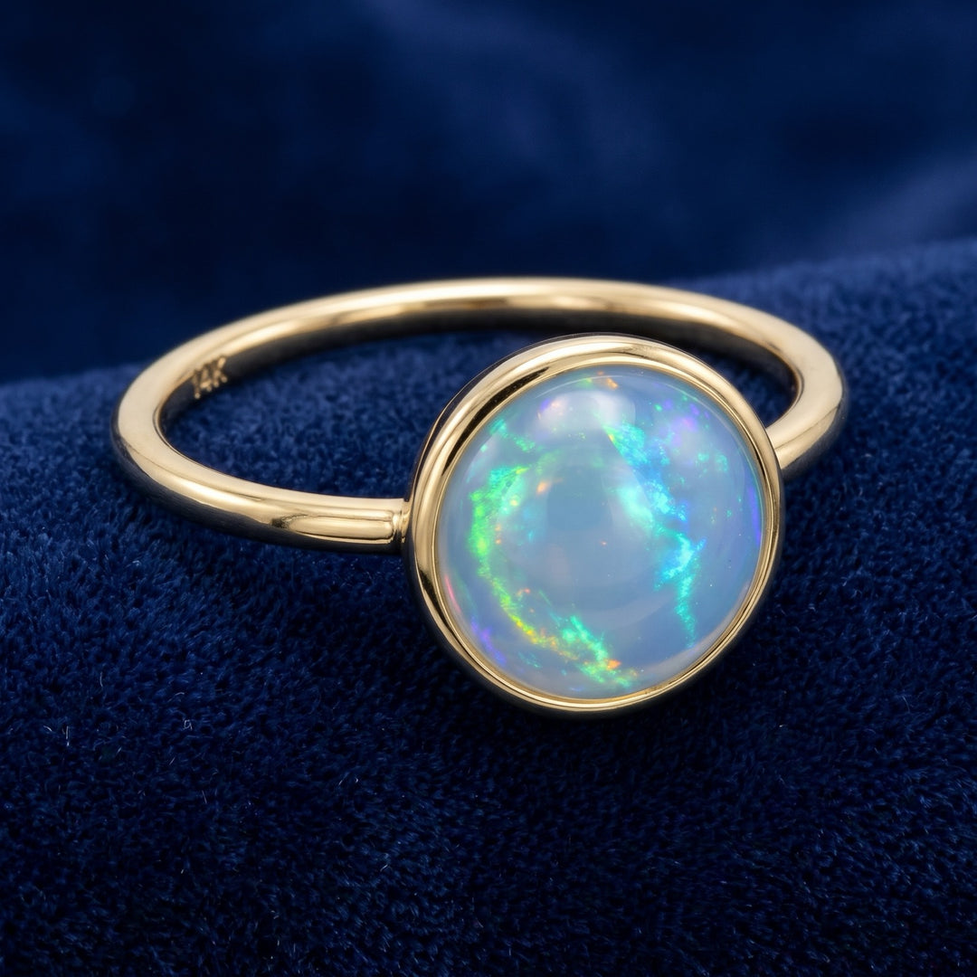 anillo oro 14k con ópalo blanco natural 1.66ct corte cabujón redondo, joyería mexicana Gold Shield