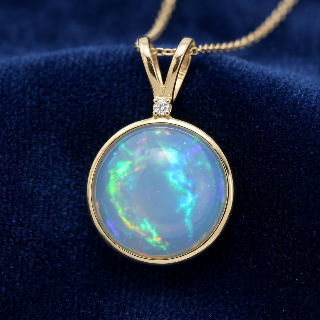 dije oro 14k con ópalo blanco natural 1.66ct corte cabujón redondo, joyería mexicana Gold Shield