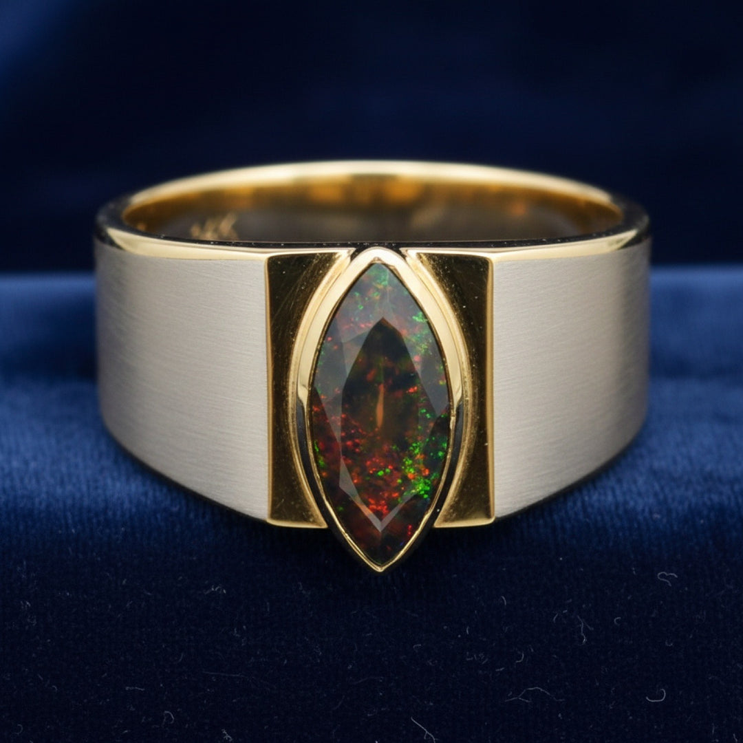 anillo de hombre de oro 14k con ópalo negro negro con destellos arcoíris natural 1.12ct corte marquesa de Etiopía, joyería me