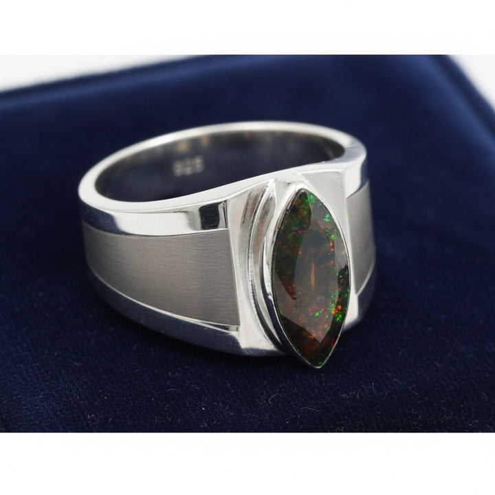 anillo de hombre de plata 925 con ópalo negro negro con destellos arcoíris natural 1.12ct corte marquesa de Etiopía, joyería 