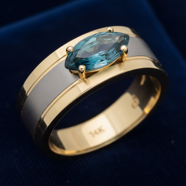 anillo de hombre de oro 14k con topacio london blue natural 0.89ct corte marquesa de Brasil, joyería mexicana Gold Shield