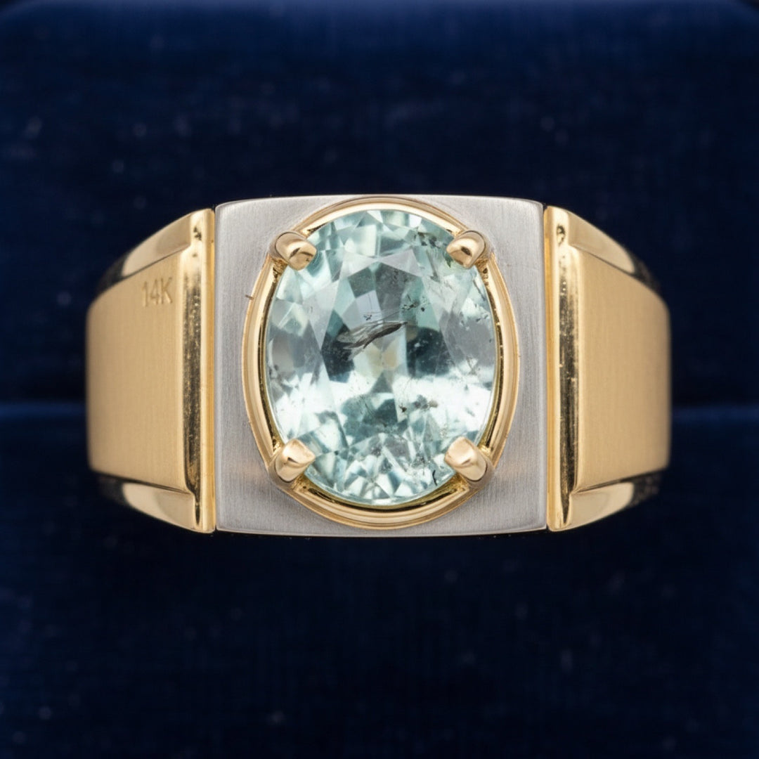 anillo de hombre de oro 14k con turmalina azulado verde natural 1.74ct corte oval de Africa, joyería mexicana Gold Shield