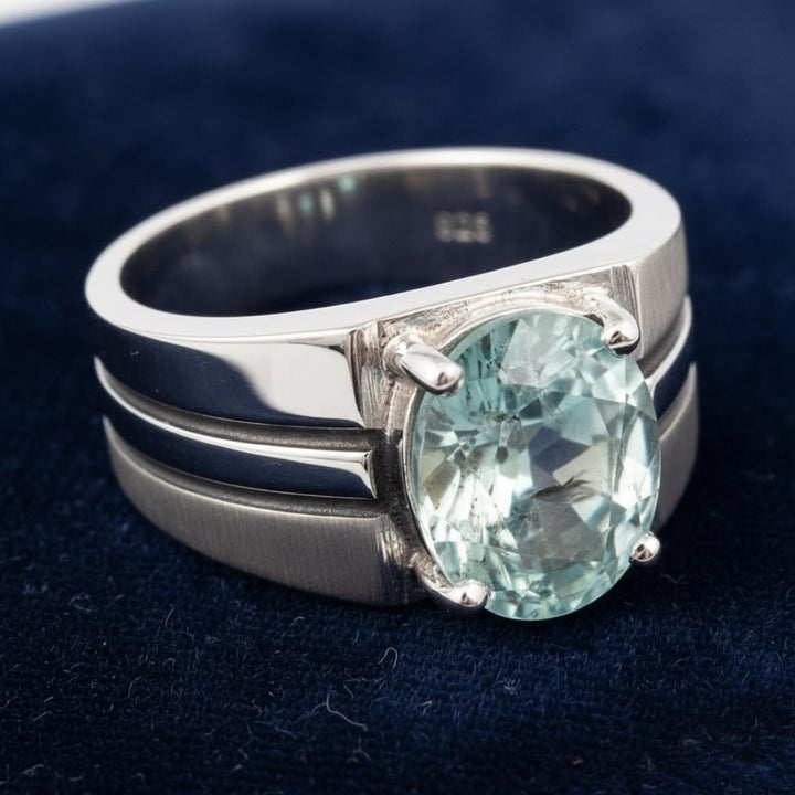 anillo de hombre de plata 925 con turmalina azulado verde natural 1.74ct corte oval de Africa, joyería mexicana Gold Shield