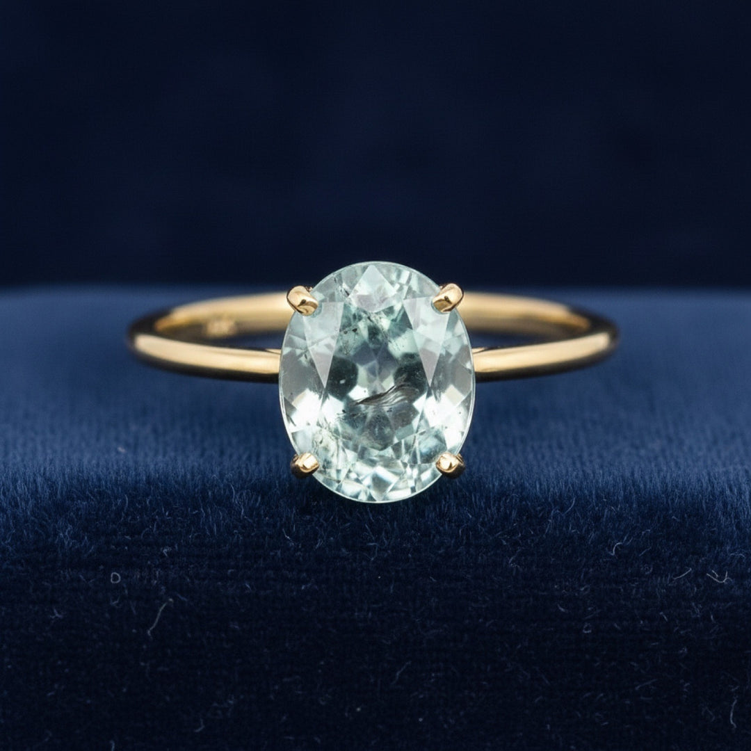 anillo de oro 14k con turmalina azulado verde natural 1.74ct corte oval de Africa, joyería mexicana Gold Shield