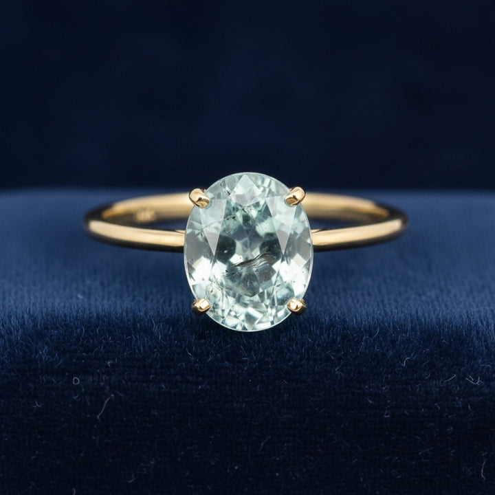 anillo de oro 14k con turmalina azulado verde natural 1.74ct corte oval de Africa, joyería mexicana Gold Shield
