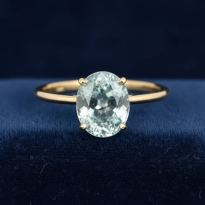 anillo de oro 14k con turmalina azulado verde natural 1.74ct corte oval de Africa, joyería mexicana Gold Shield
