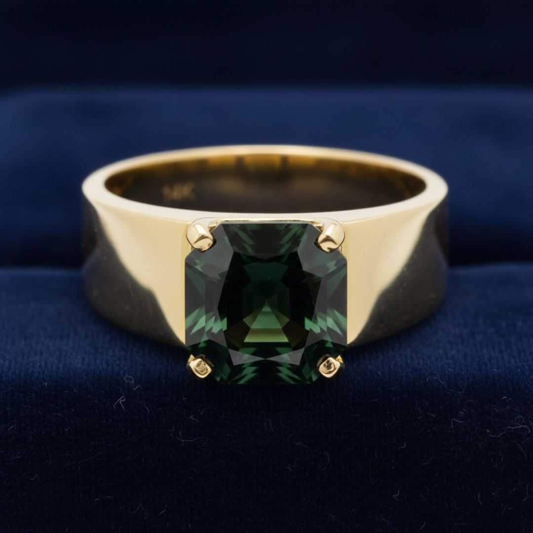 anillo de hombre de oro 14k con turmalina cromo verde intenso natural 1.38ct corte fancy de Tanzania, joyería mexicana Gold S
