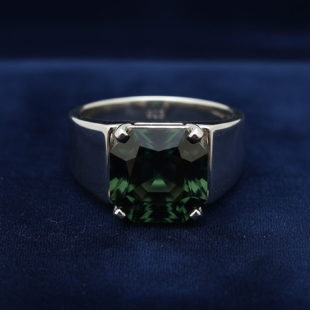 anillo de hombre de plata 925 con turmalina cromo verde intenso natural 1.38ct corte fancy de Tanzania, joyería mexicana Gold