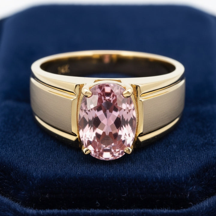 anillo de hombre de oro 14k con turmalina rosa natural 0.47ct corte oval, joyería mexicana Gold Shield