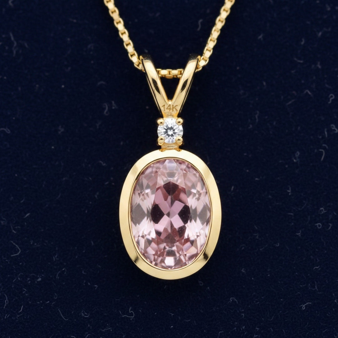 dije oro 14k con turmalina rosa natural 0.47ct corte oval, joyería mexicana Gold Shield