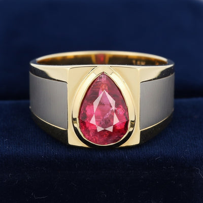 anillo de hombre de oro 14k con turmalina rosa rosa purpúreo natural 1.59ct corte pera de Mozambique, joyería mexicana Gold S