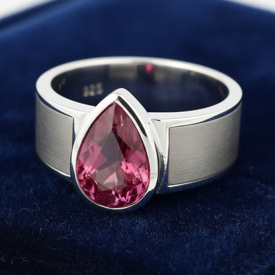 anillo de hombre de plata 925 con turmalina rosa rosa purpúreo natural 1.59ct corte pera de Mozambique, joyería mexicana Gold