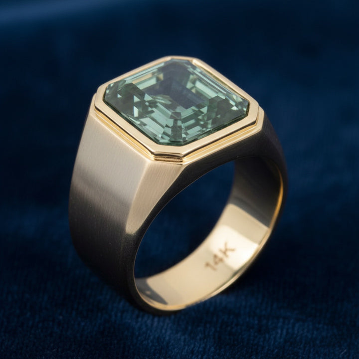 anillo de hombre de oro 14k con turmalina verde natural 0.98ct corte octagon, joyería mexicana Gold Shield