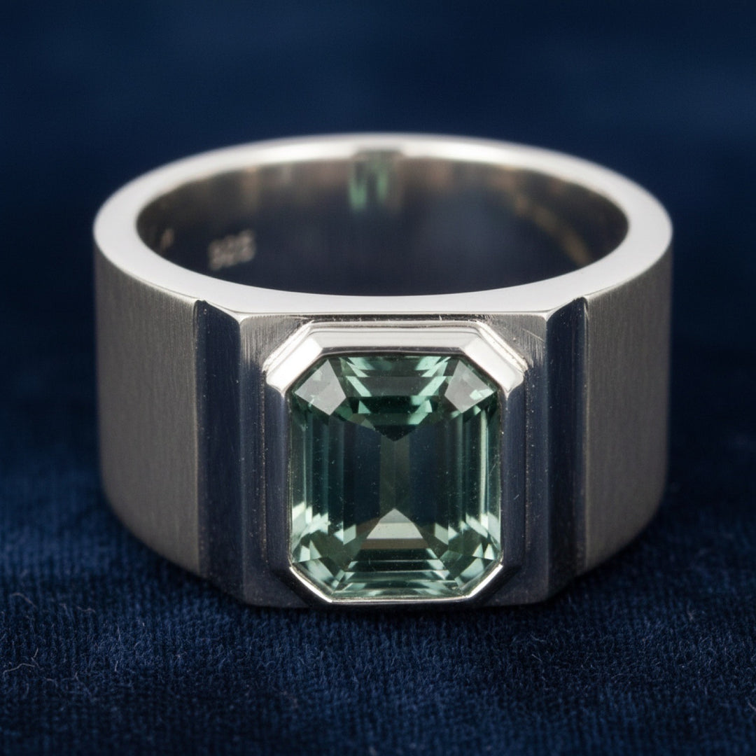 anillo de hombre de plata 925 con turmalina verde natural 0.98ct corte octagon, joyería mexicana Gold Shield