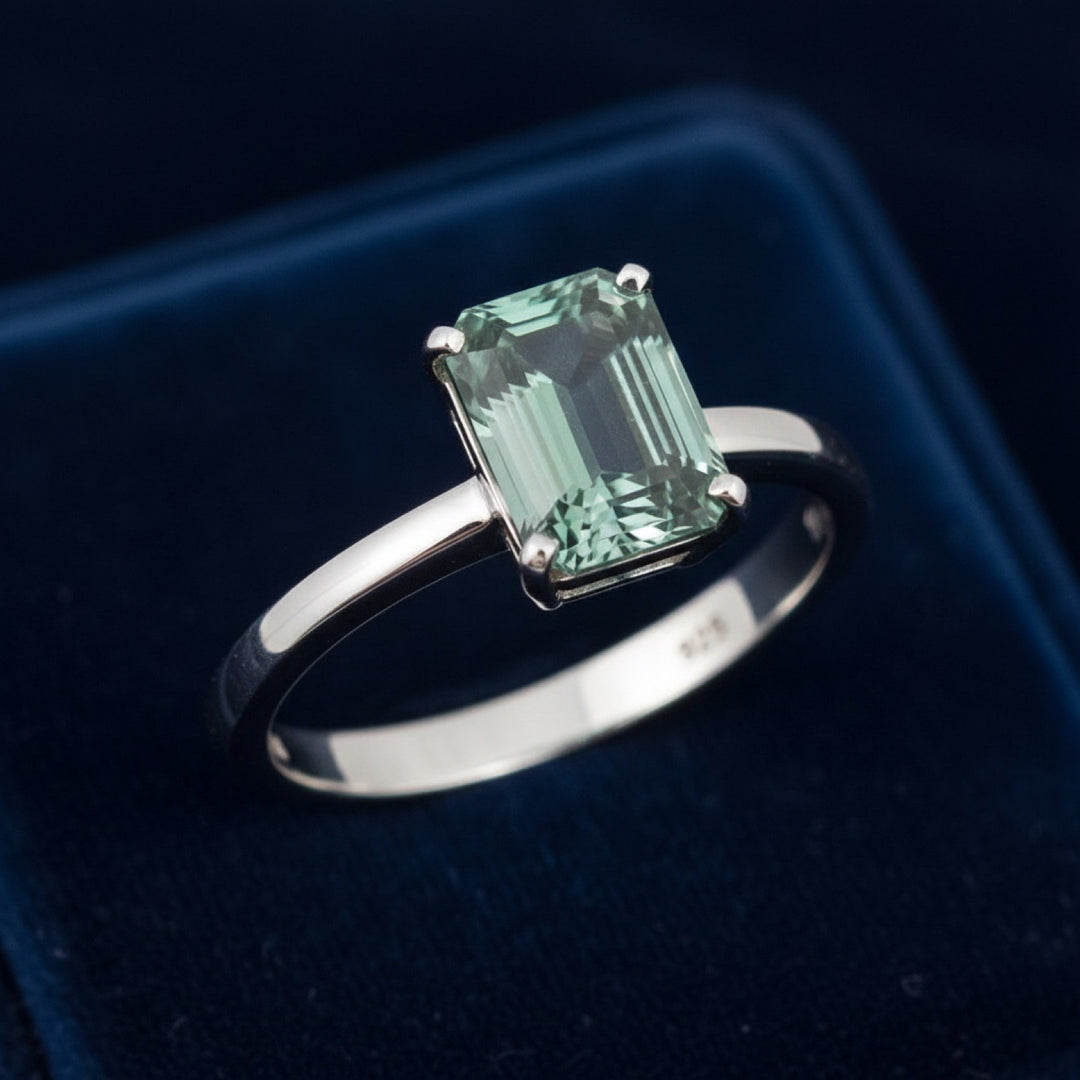 anillo plata 925 con turmalina verde natural 0.98ct corte octagon, joyería mexicana Gold Shield