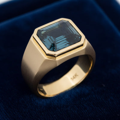 anillo de hombre de oro 14k con turmalina verde azul natural 2.27ct corte octagonal de África, joyería mexicana Gold Shield