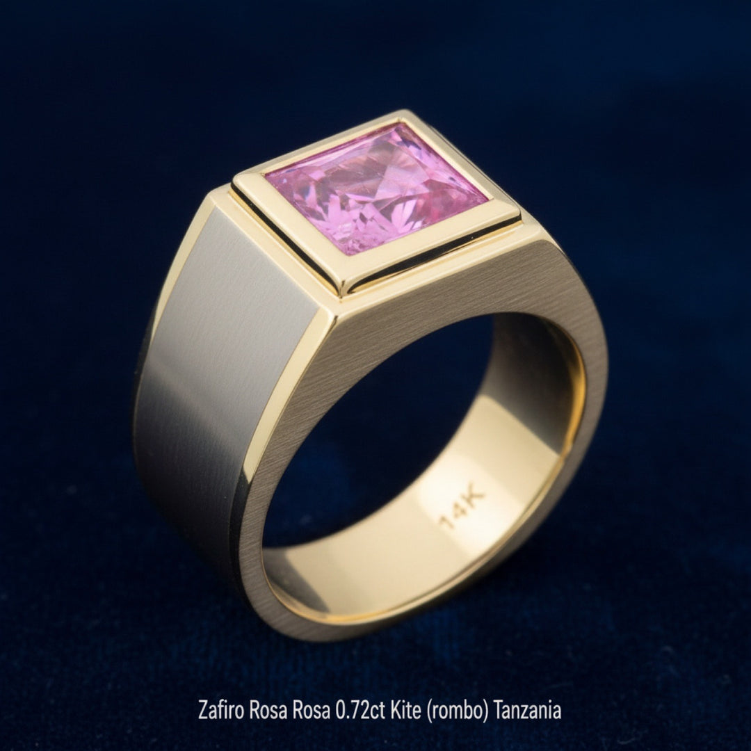 anillo de hombre de oro 14k con zafiro rosa rosa natural 0.72ct corte kite (rombo) de Tanzania, joyería mexicana Gold Shield