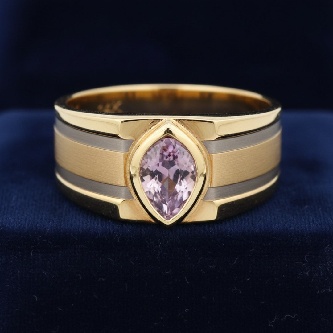 anillo de hombre de oro 14k con zafiro rosa rosa purpúreo natural 0.38ct corte pera de Tanzania, joyería mexicana Gold Shield