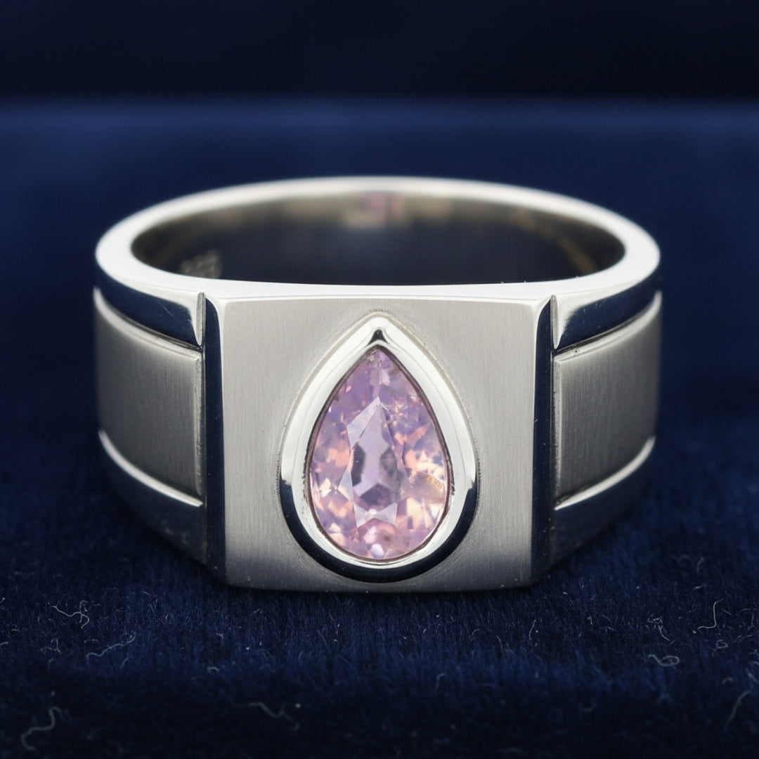 anillo de hombre de plata 925 con zafiro rosa rosa purpúreo natural 0.38ct corte pera de Tanzania, joyería mexicana Gold Shie