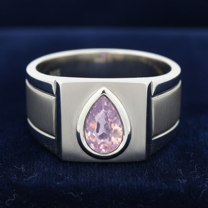 anillo de hombre de plata 925 con zafiro rosa rosa purpúreo natural 0.38ct corte pera de Tanzania, joyería mexicana Gold Shie