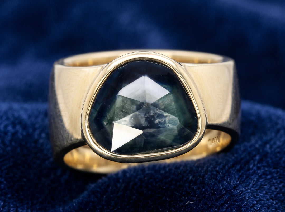 anillo de hombre de oro 14k con zafiro verde azul natural 2.69ct corte rose-cut fancy, joyería mexicana Gold Shield