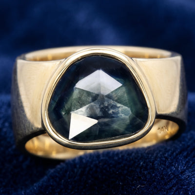 anillo de hombre de oro 14k con zafiro verde azul natural 2.69ct corte rose-cut fancy, joyería mexicana Gold Shield
