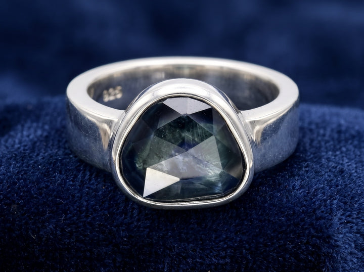 anillo de hombre de plata 925 con zafiro verde azul natural 2.69ct corte rose-cut fancy, joyería mexicana Gold Shield