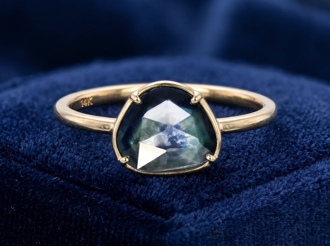 anillo oro 14k con zafiro verde azul natural 2.69ct corte rose-cut fancy, joyería mexicana Gold Shield