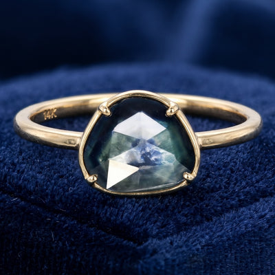 anillo oro 14k con zafiro verde azul natural 2.69ct corte rose-cut fancy, joyería mexicana Gold Shield