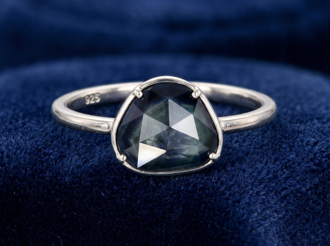 anillo plata 925 con zafiro verde azul natural 2.69ct corte rose-cut fancy, joyería mexicana Gold Shield