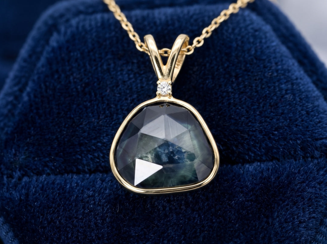dije oro 14k con zafiro verde azul natural 2.69ct corte rose-cut fancy, joyería mexicana Gold Shield