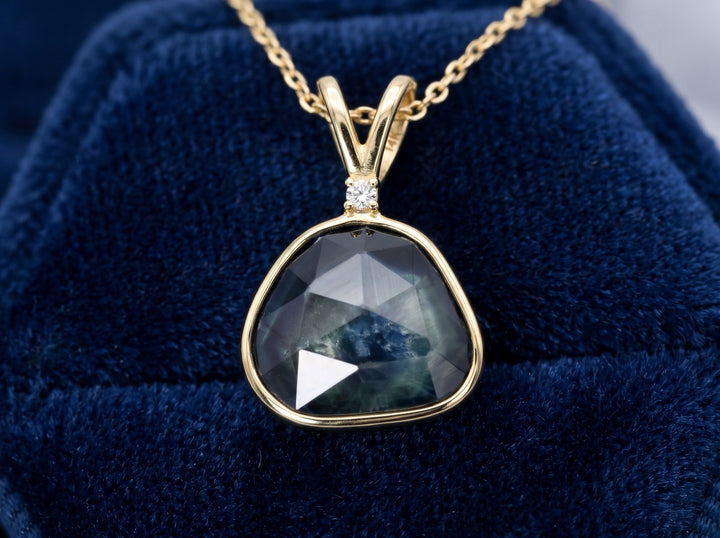 dije oro 14k con zafiro verde azul natural 2.69ct corte rose-cut fancy, joyería mexicana Gold Shield