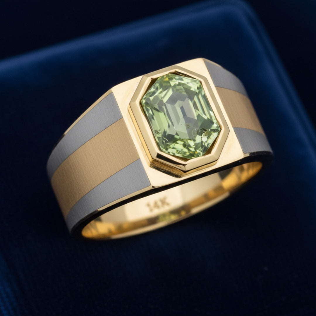 anillo de hombre de oro 14k con zafiro verde verde natural 0.71ct corte hexagonal de Australia, joyería mexicana Gold Shield