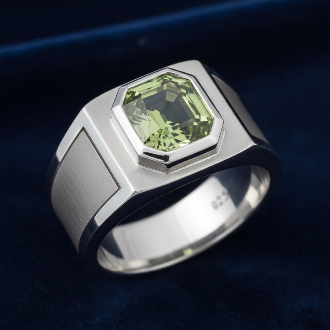 anillo de hombre de plata 925 con zafiro verde verde natural 0.71ct corte hexagonal de Australia, joyería mexicana Gold Shiel