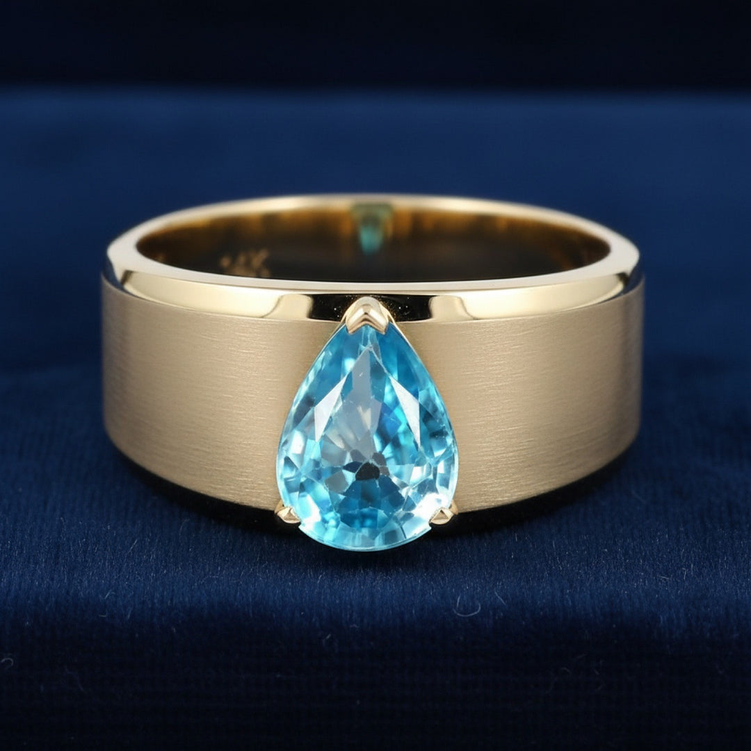 anillo de hombre de oro 14k con zircon azul natural 1.43ct corte pera de Camboya, joyería mexicana Gold Shield