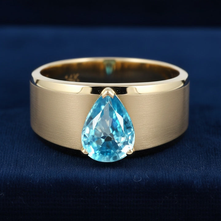 anillo de hombre de oro 14k con zircon azul natural 1.43ct corte pera de Camboya, joyería mexicana Gold Shield