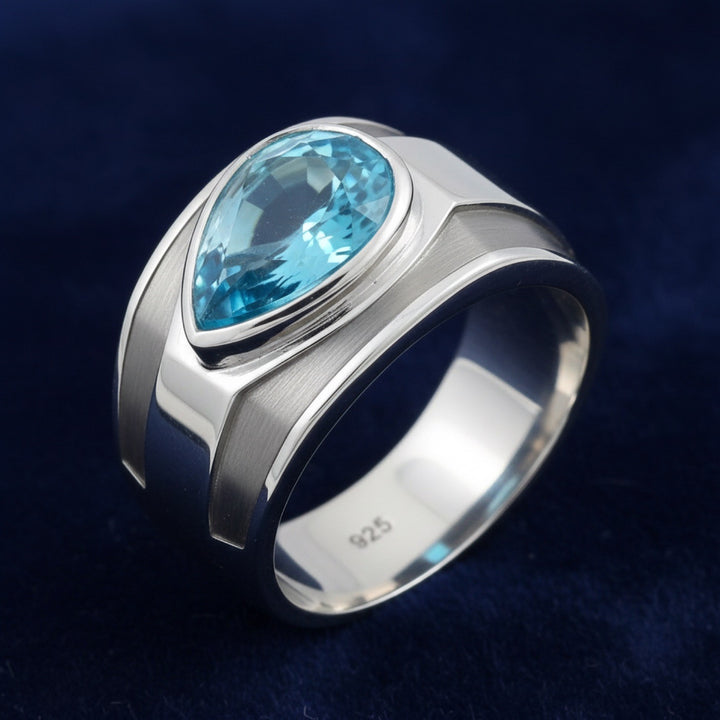 anillo de hombre de plata 925 con zircon azul natural 1.43ct corte pera de Camboya, joyería mexicana Gold Shield