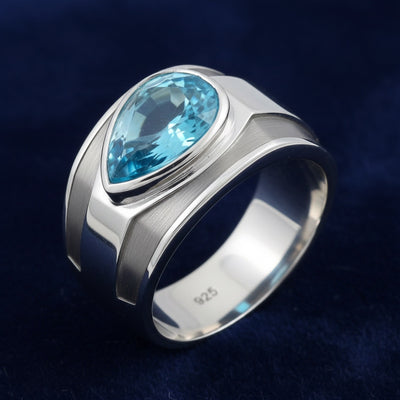 anillo de hombre de plata 925 con zircon azul natural 1.43ct corte pera de Camboya, joyería mexicana Gold Shield