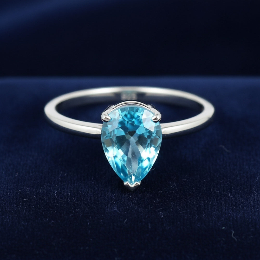 anillo de plata 925 con zircon azul natural 1.43ct corte pera de Camboya, joyería mexicana Gold Shield