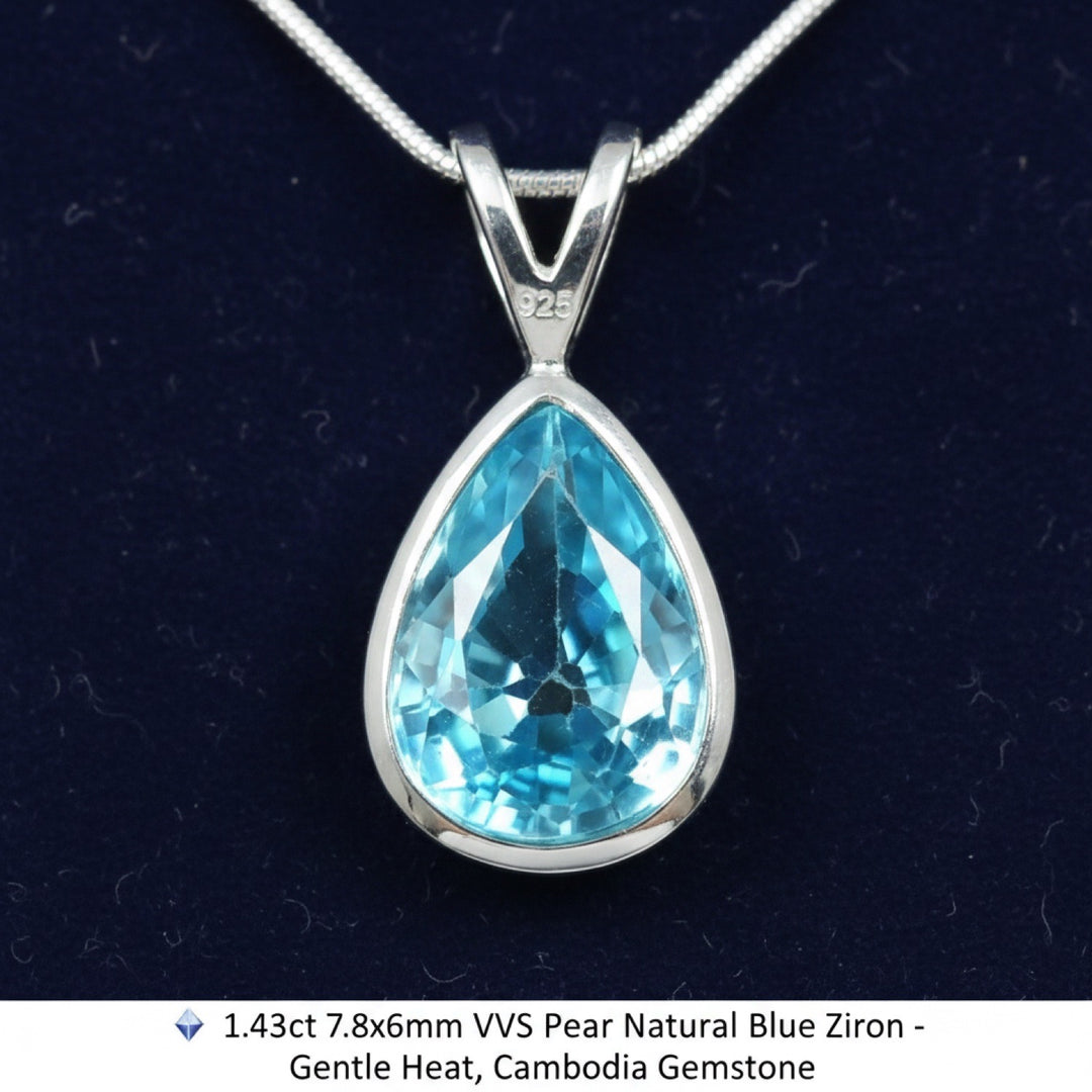 dije de plata 925 con zircon azul natural 1.43ct corte pera de Camboya, joyería mexicana Gold Shield
