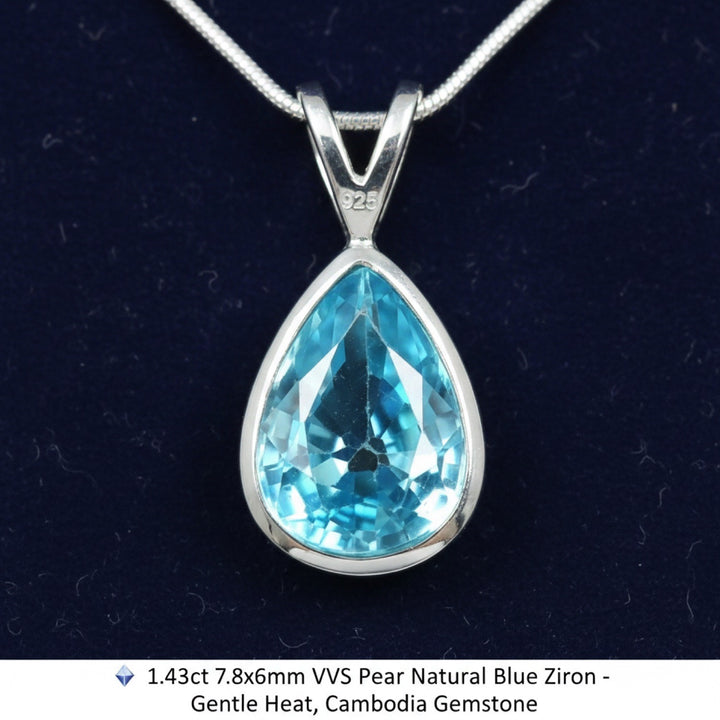 dije de plata 925 con zircon azul natural 1.43ct corte pera de Camboya, joyería mexicana Gold Shield