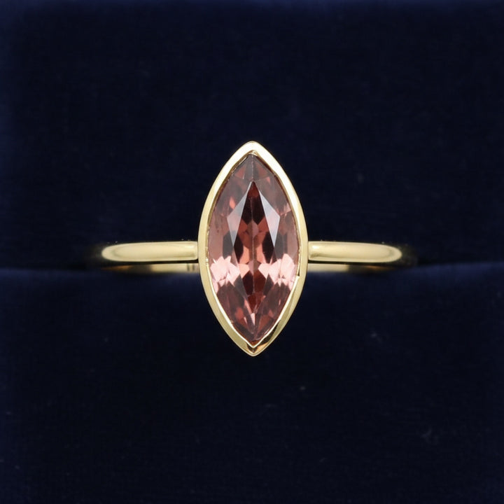 anillo oro 14k con zircon champagne rosado natural 1.35ct corte marquesa, joyería mexicana Gold Shield
