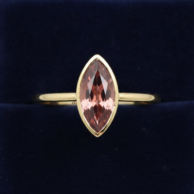 anillo oro 14k con zircon champagne rosado natural 1.35ct corte marquesa, joyería mexicana Gold Shield