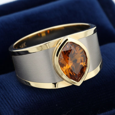 anillo de hombre de oro 14k con zircon naranja natural 2.21ct corte pera de Tanzania, joyería mexicana Gold Shield