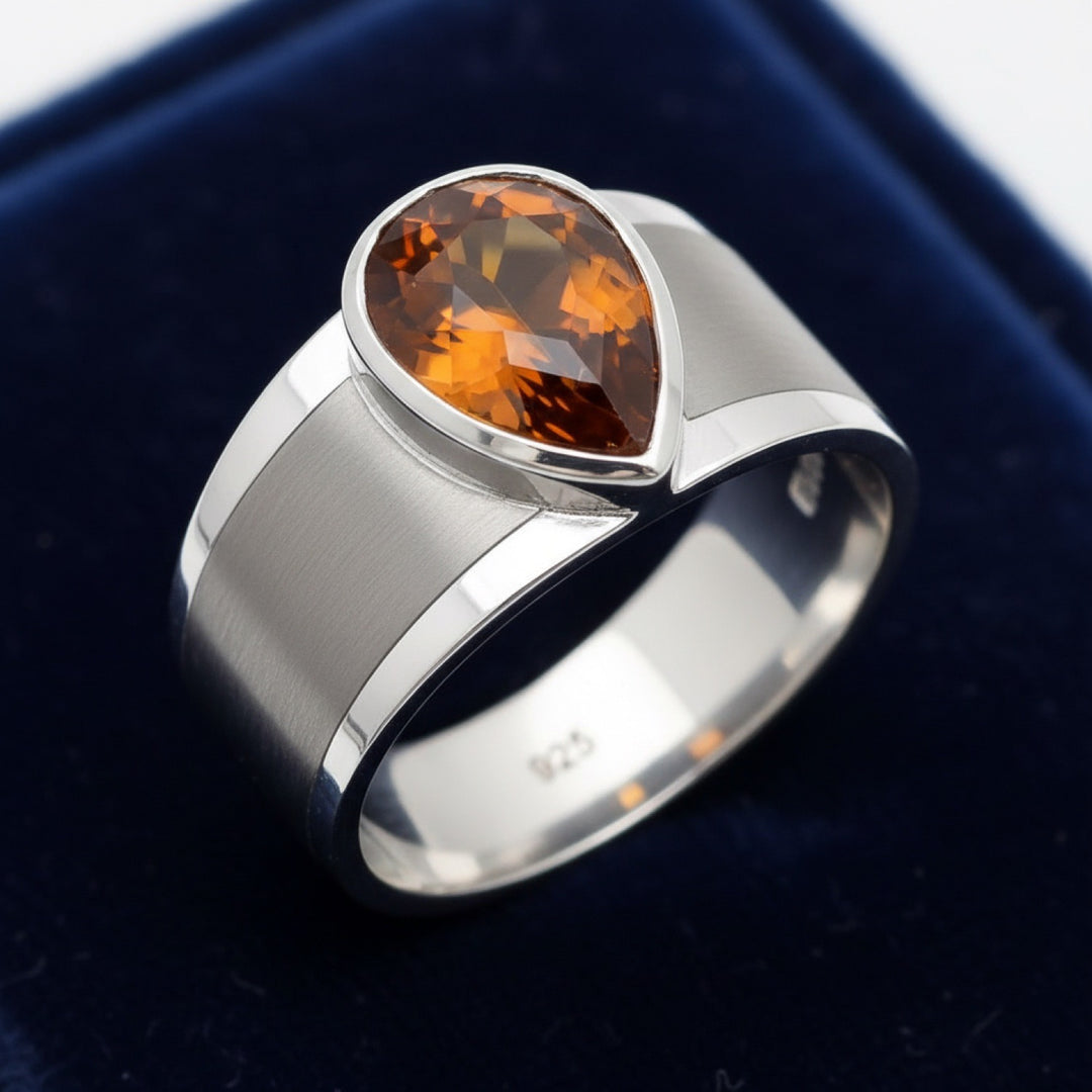 anillo de hombre de plata 925 con zircon naranja natural 2.21ct corte pera de Tanzania, joyería mexicana Gold Shield