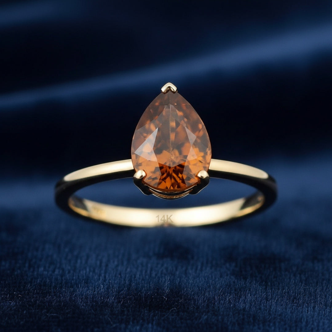 anillo de oro 14k con zircon naranja natural 2.21ct corte pera de Tanzania, joyería mexicana Gold Shield