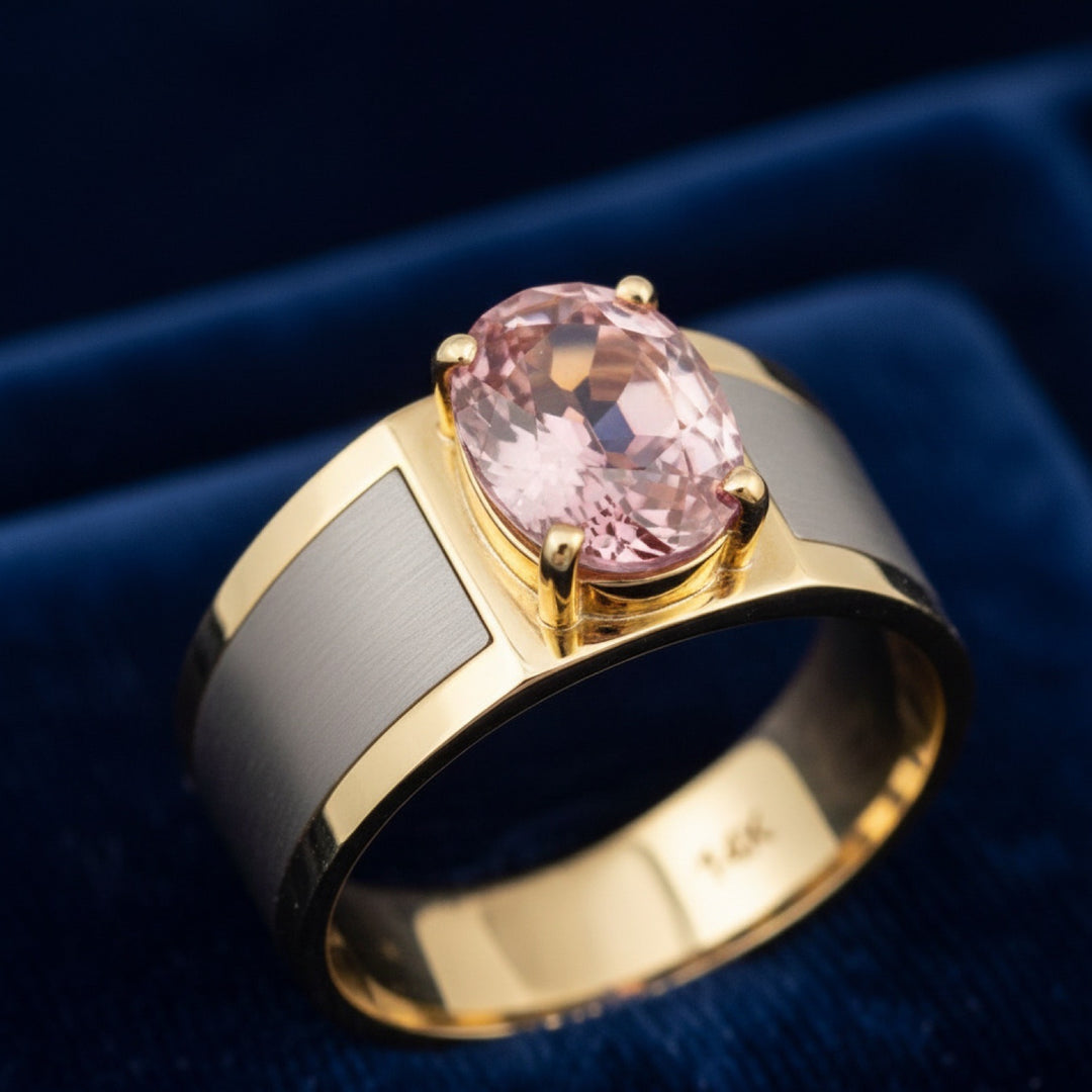 anillo de hombre de oro 14k con zircon rosa natural 1.41ct corte oval de Tanzania, joyería mexicana Gold Shield